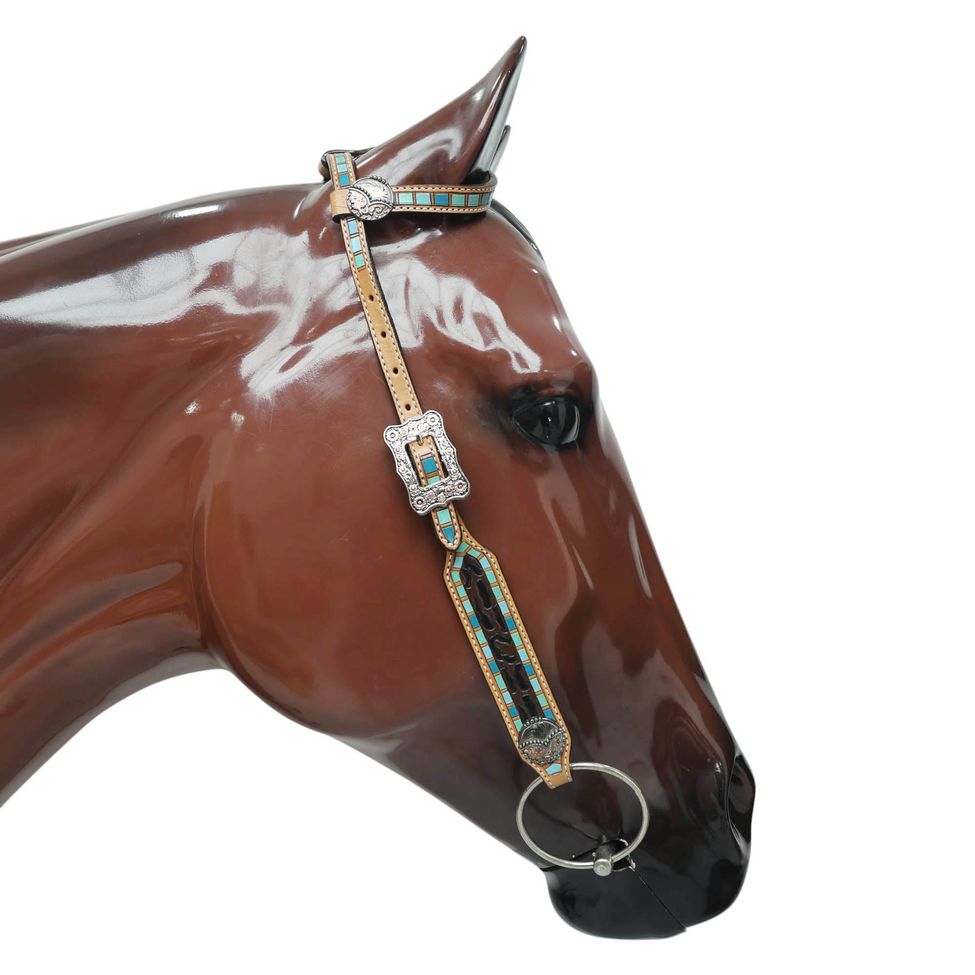 MOUSM Western Headstall and Breast Collar Set for Horses – Handcrafted from Genuine Argentina Cow Leather, Decorated with Leopard and Floral Carving, Multicolor Turquoise Border, and Engraved Conchos