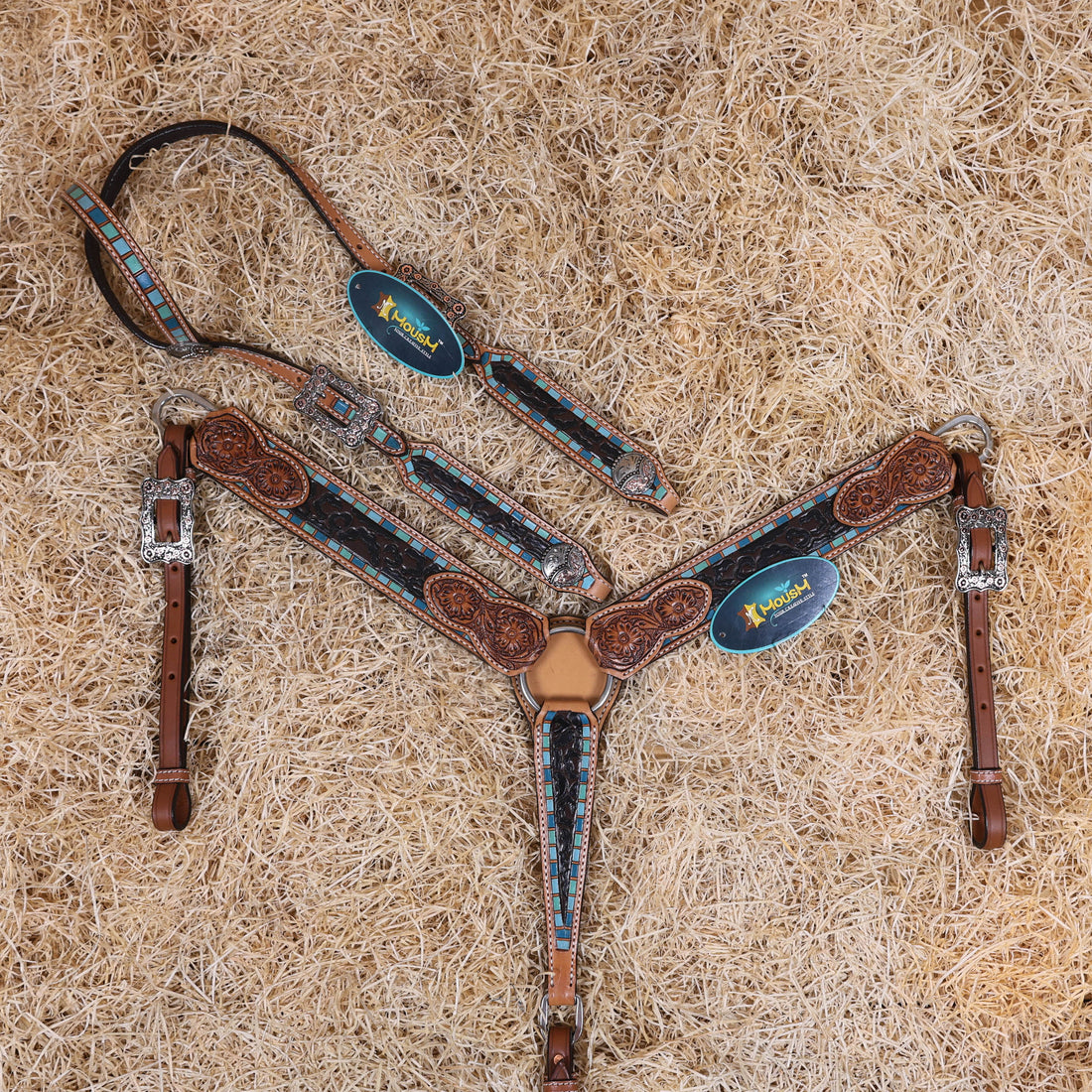 MOUSM Western Headstall and Breast Collar Set for Horses – Handcrafted from Genuine Argentina Cow Leather, Decorated with Leopard and Floral Carving, Multicolor Turquoise Border, and Engraved Conchos