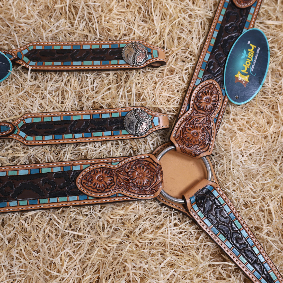 MOUSM Western Headstall and Breast Collar Set for Horses – Handcrafted from Genuine Argentina Cow Leather, Decorated with Leopard and Floral Carving, Multicolor Turquoise Border, and Engraved Conchos