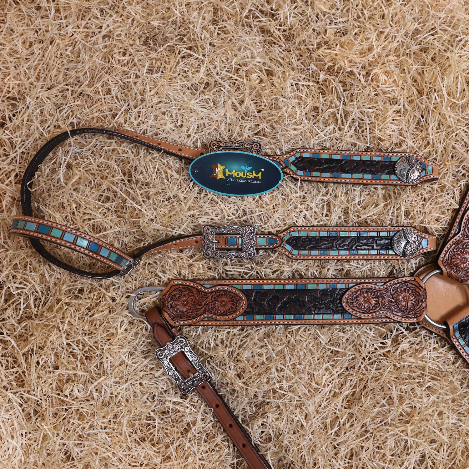 MOUSM Western Headstall and Breast Collar Set for Horses – Handcrafted from Genuine Argentina Cow Leather, Decorated with Leopard and Floral Carving, Multicolor Turquoise Border, and Engraved Conchos