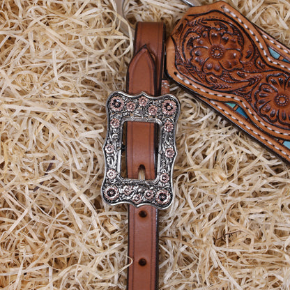 MOUSM Western Headstall and Breast Collar Set for Horses – Handcrafted from Genuine Argentina Cow Leather, Decorated with Leopard and Floral Carving, Multicolor Turquoise Border, and Engraved Conchos