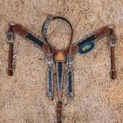 MOUSM Western Headstall and Breast Collar Set for Horses – Handcrafted from Genuine Argentina Cow Leather, Decorated with Leopard and Floral Carving, Multicolor Turquoise Border, and Engraved Conchos