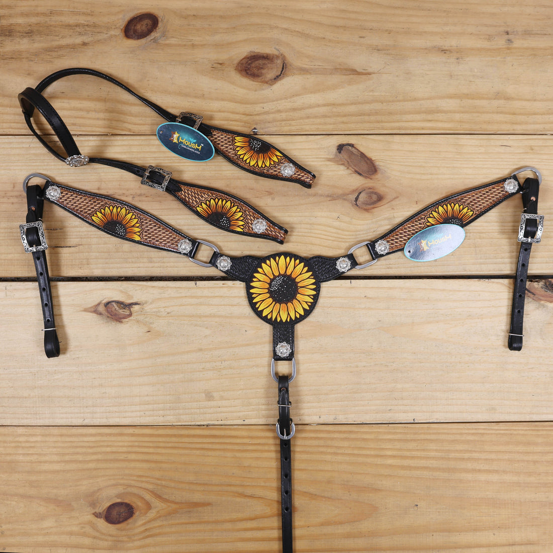 MOUSM Leather Western Headstall Set – Crafted from Genuine Argentina Cowhide with Hand-Painted Sunflower Carving, Rope Basket Weave Tooling, and Nickel Engraved Berry Conchos