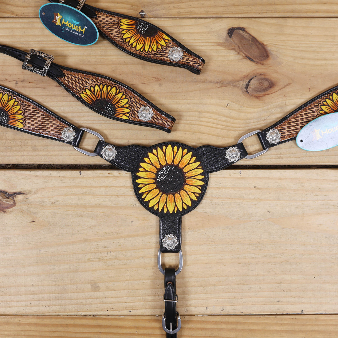 MOUSM Leather Western Headstall Set – Crafted from Genuine Argentina Cowhide with Hand-Painted Sunflower Carving, Rope Basket Weave Tooling, and Nickel Engraved Berry Conchos