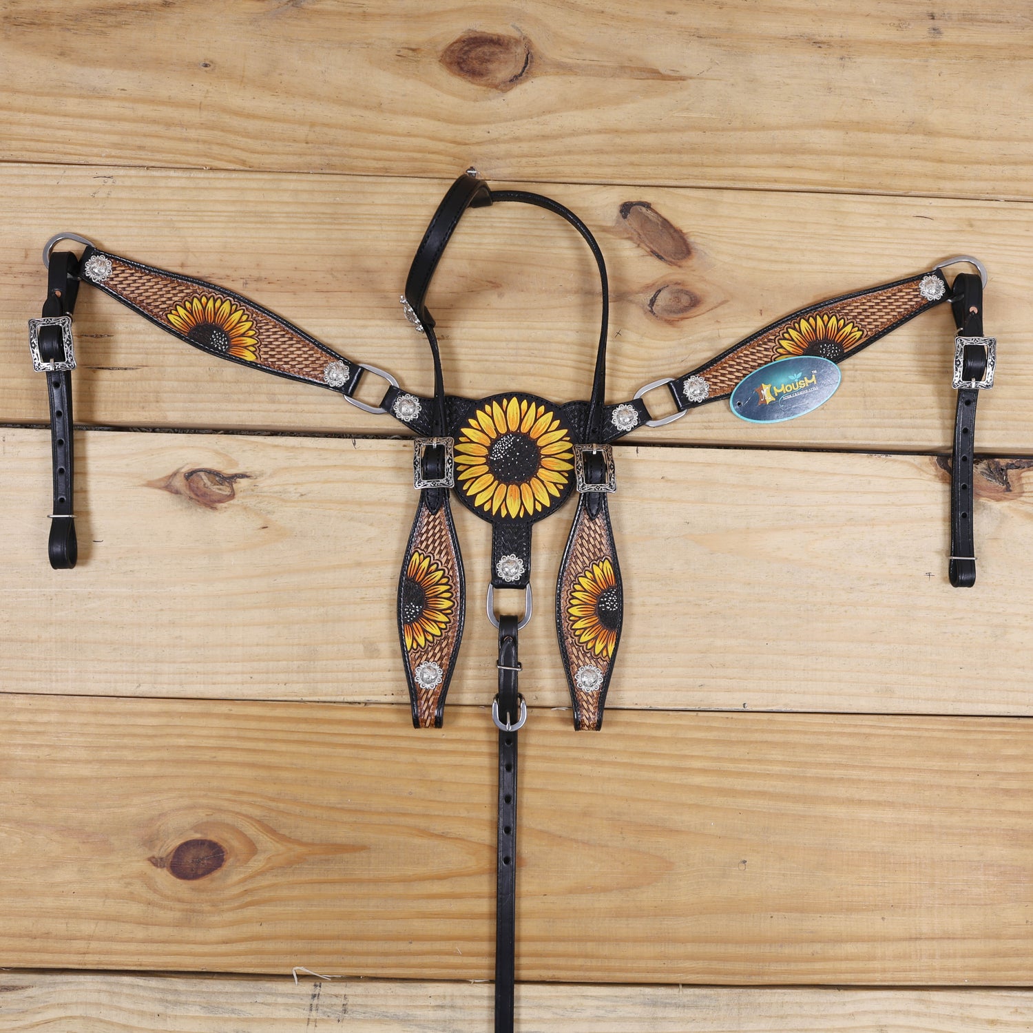MOUSM Leather Western Headstall Set – Crafted from Genuine Argentina Cowhide with Hand-Painted Sunflower Carving, Rope Basket Weave Tooling, and Nickel Engraved Berry Conchos