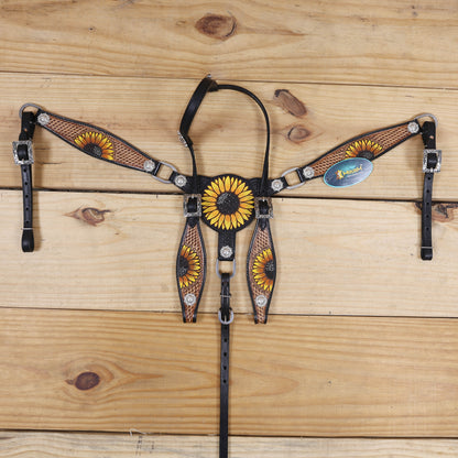 MOUSM Leather Western Headstall Set – Crafted from Genuine Argentina Cowhide with Hand-Painted Sunflower Carving, Rope Basket Weave Tooling, and Nickel Engraved Berry Conchos