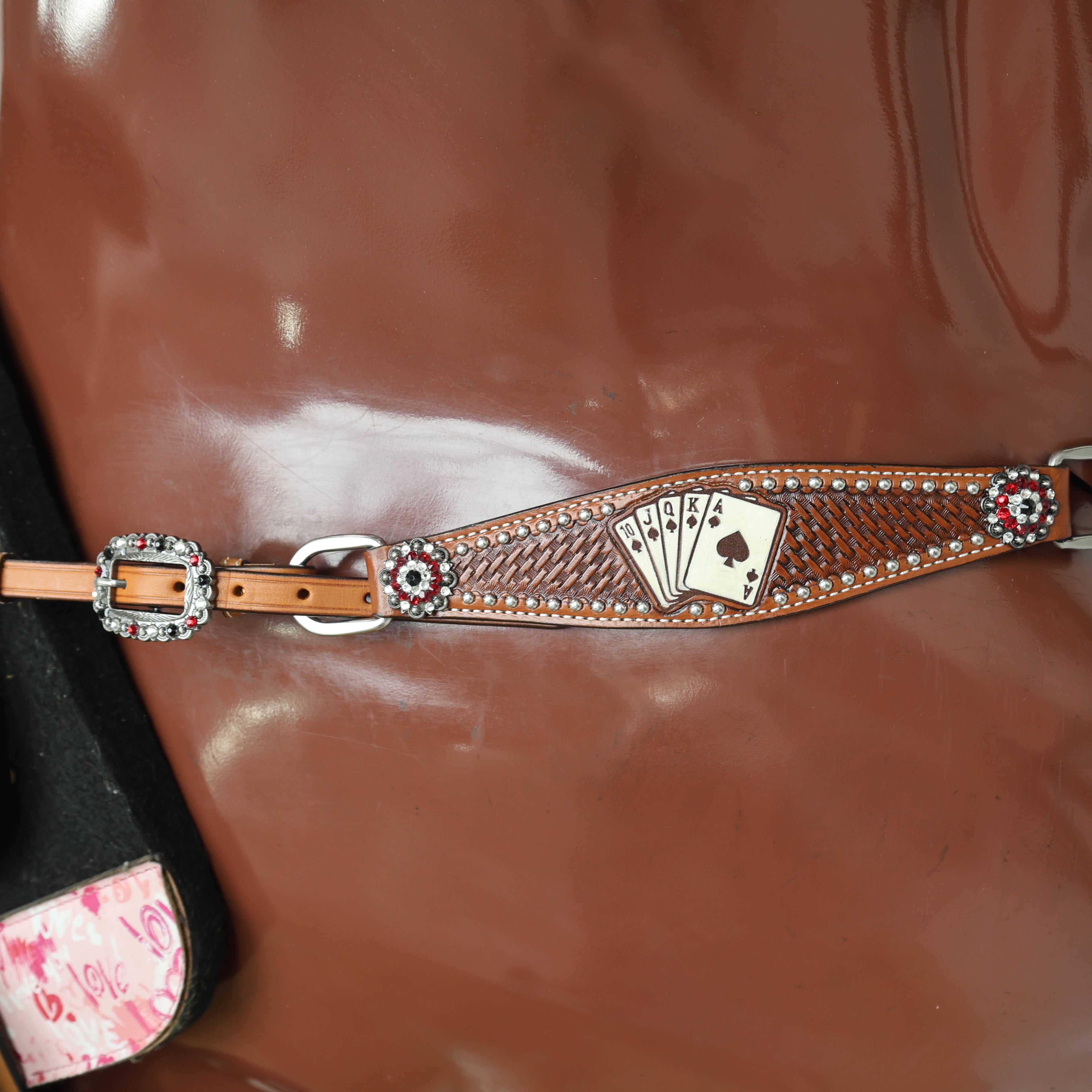 MOUSM Western Horse Headstall and Breast Collar Set – Crafted from Genuine Argentina Cow Leather with Carved and Hand-Painted Playing Cards, Rope Basket Weave Tooling, Silver Studs, and Rhinestone Berry Conchos