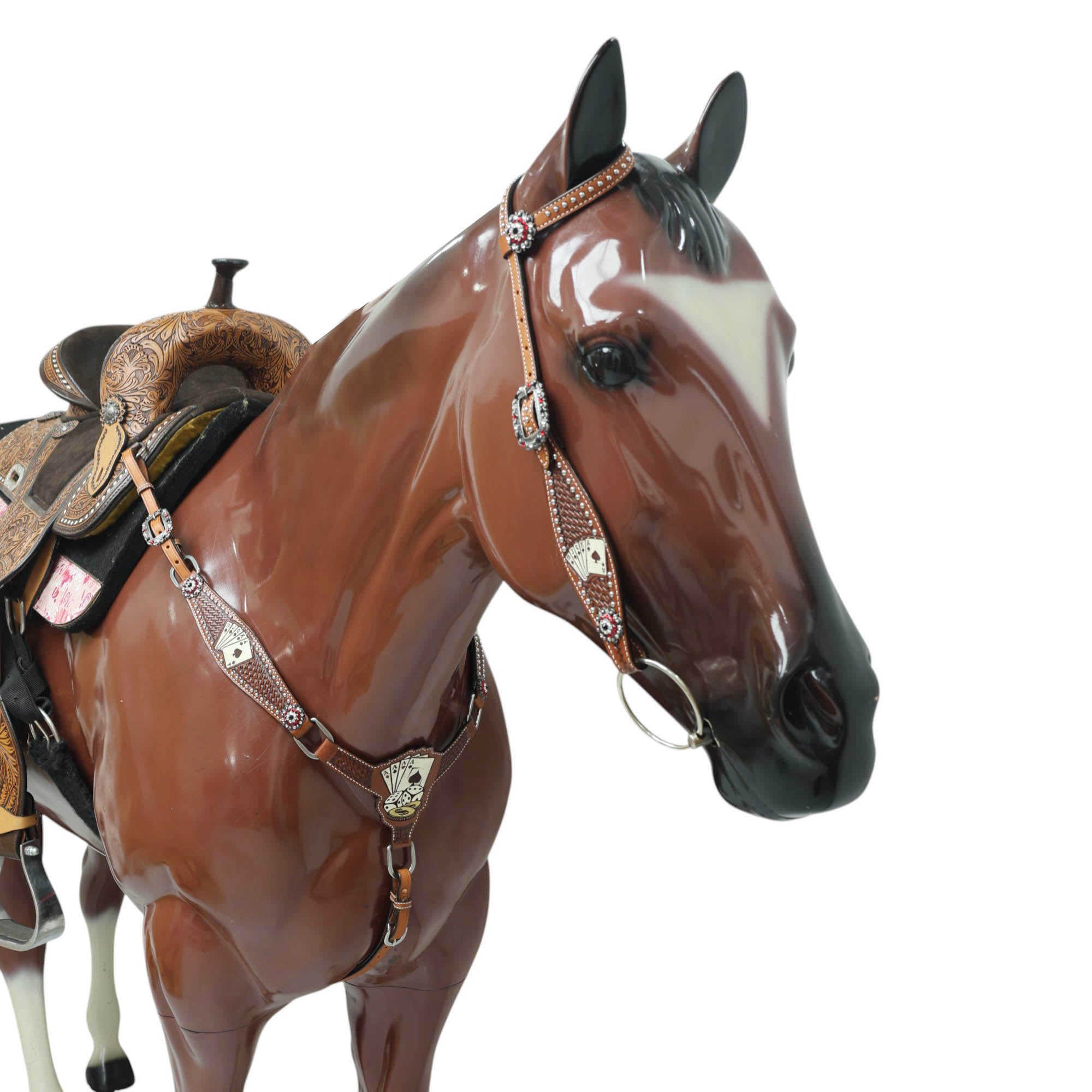 MOUSM Western Horse Headstall and Breast Collar Set – Crafted from Genuine Argentina Cow Leather with Carved and Hand-Painted Playing Cards, Rope Basket Weave Tooling, Silver Studs, and Rhinestone Berry Conchos