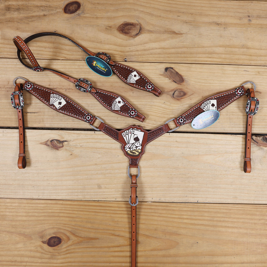 MOUSM Western Horse Headstall and Breast Collar Set – Crafted from Genuine Argentina Cow Leather with Carved and Hand-Painted Playing Cards, Rope Basket Weave Tooling, Silver Studs, and Rhinestone Berry Conchos
