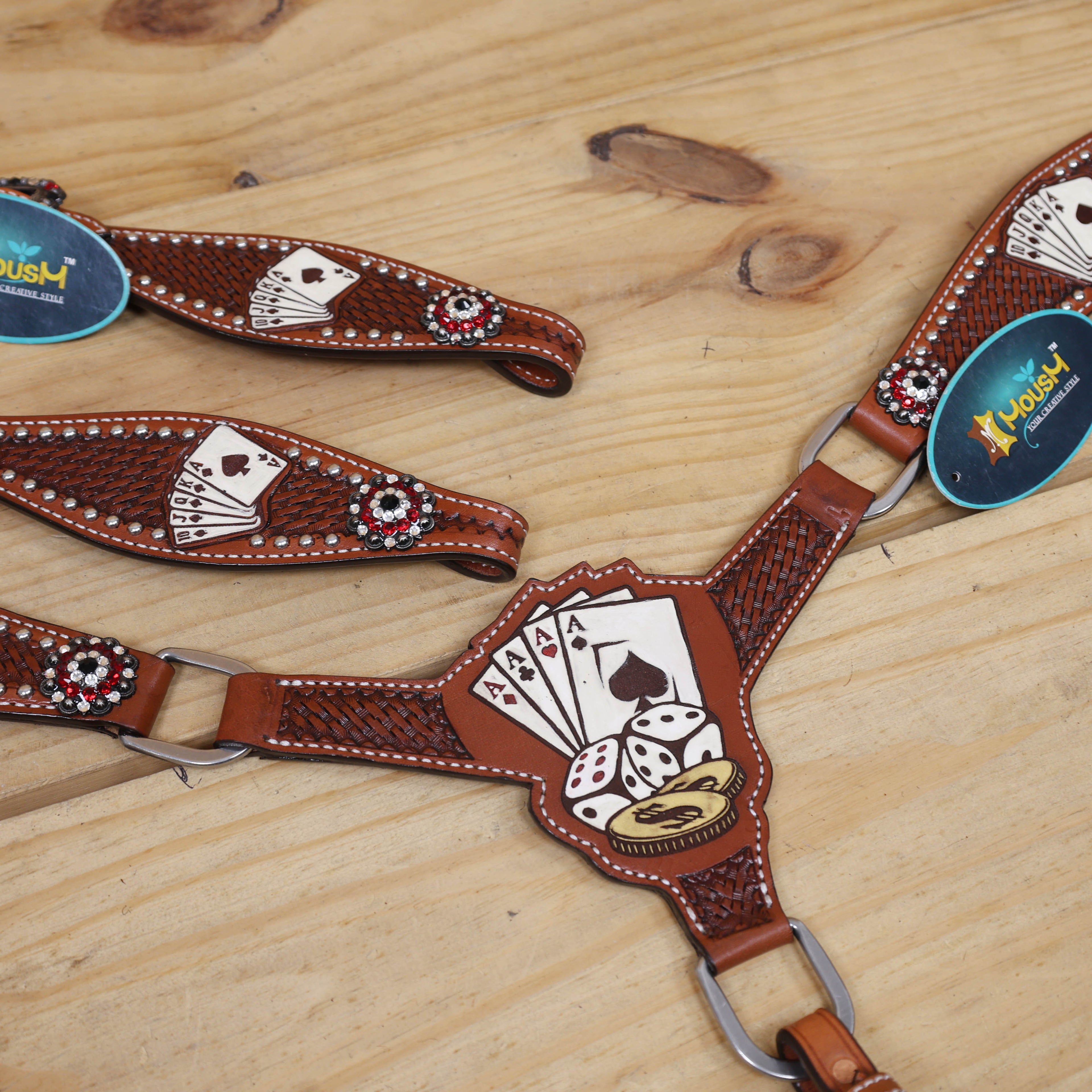 MOUSM Western Horse Headstall and Breast Collar Set – Crafted from Genuine Argentina Cow Leather with Carved and Hand-Painted Playing Cards, Rope Basket Weave Tooling, Silver Studs, and Rhinestone Berry Conchos