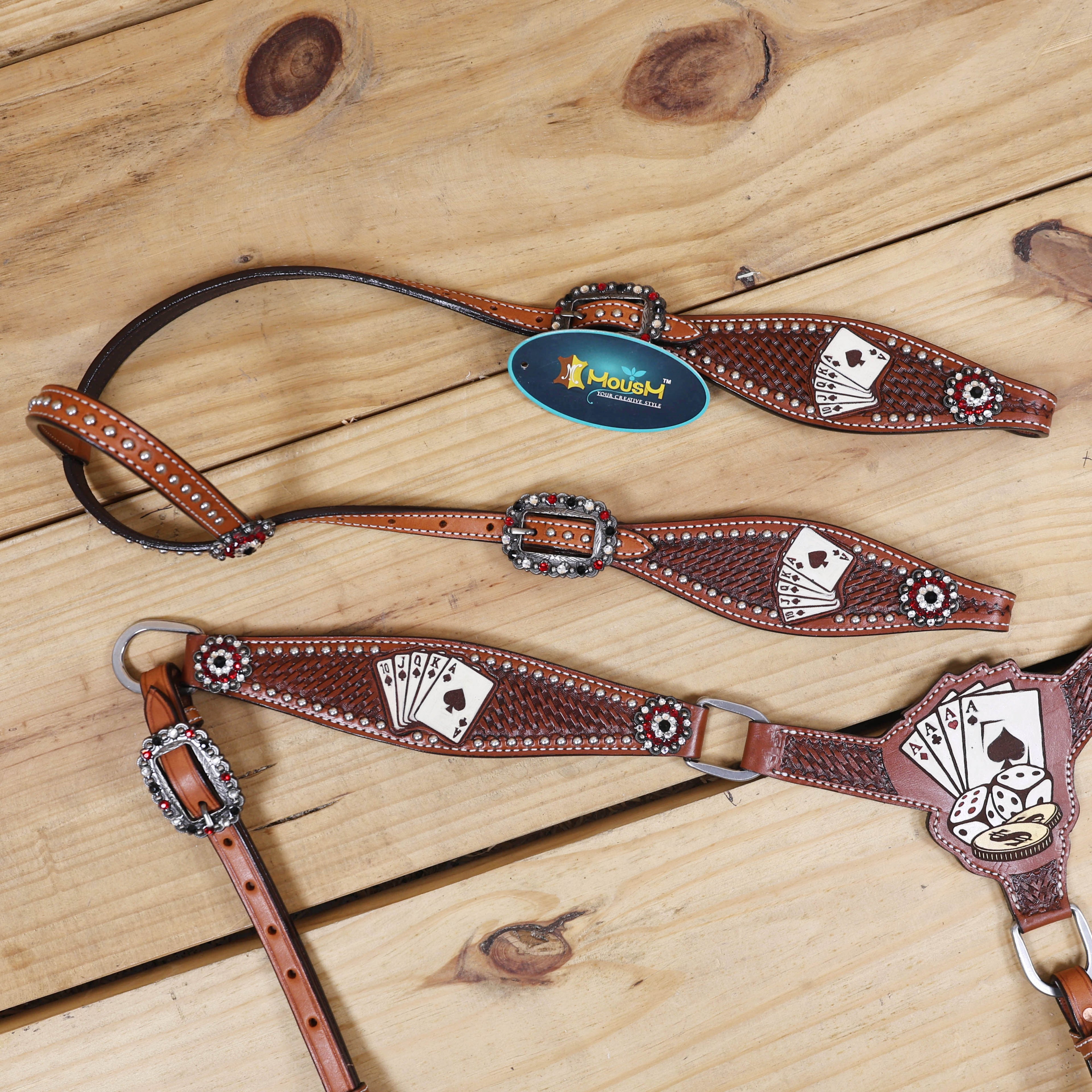 MOUSM Western Horse Headstall and Breast Collar Set – Crafted from Genuine Argentina Cow Leather with Carved and Hand-Painted Playing Cards, Rope Basket Weave Tooling, Silver Studs, and Rhinestone Berry Conchos