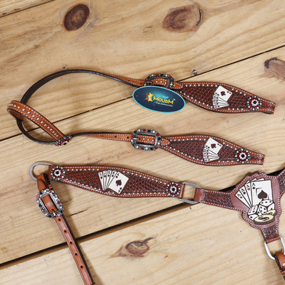 MOUSM Western Horse Headstall and Breast Collar Set – Crafted from Genuine Argentina Cow Leather with Carved and Hand-Painted Playing Cards, Rope Basket Weave Tooling, Silver Studs, and Rhinestone Berry Conchos