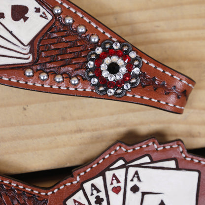 MOUSM Western Horse Headstall and Breast Collar Set – Crafted from Genuine Argentina Cow Leather with Carved and Hand-Painted Playing Cards, Rope Basket Weave Tooling, Silver Studs, and Rhinestone Berry Conchos