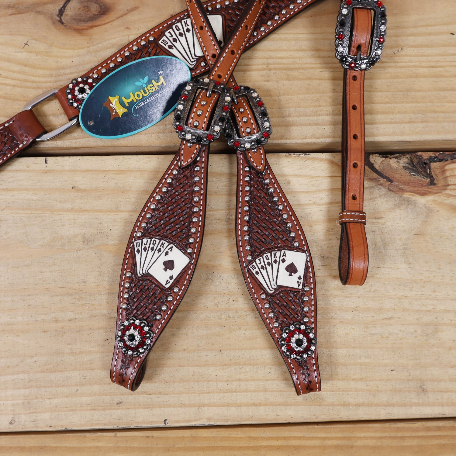 MOUSM Western Horse Headstall and Breast Collar Set – Crafted from Genuine Argentina Cow Leather with Carved and Hand-Painted Playing Cards, Rope Basket Weave Tooling, Silver Studs, and Rhinestone Berry Conchos