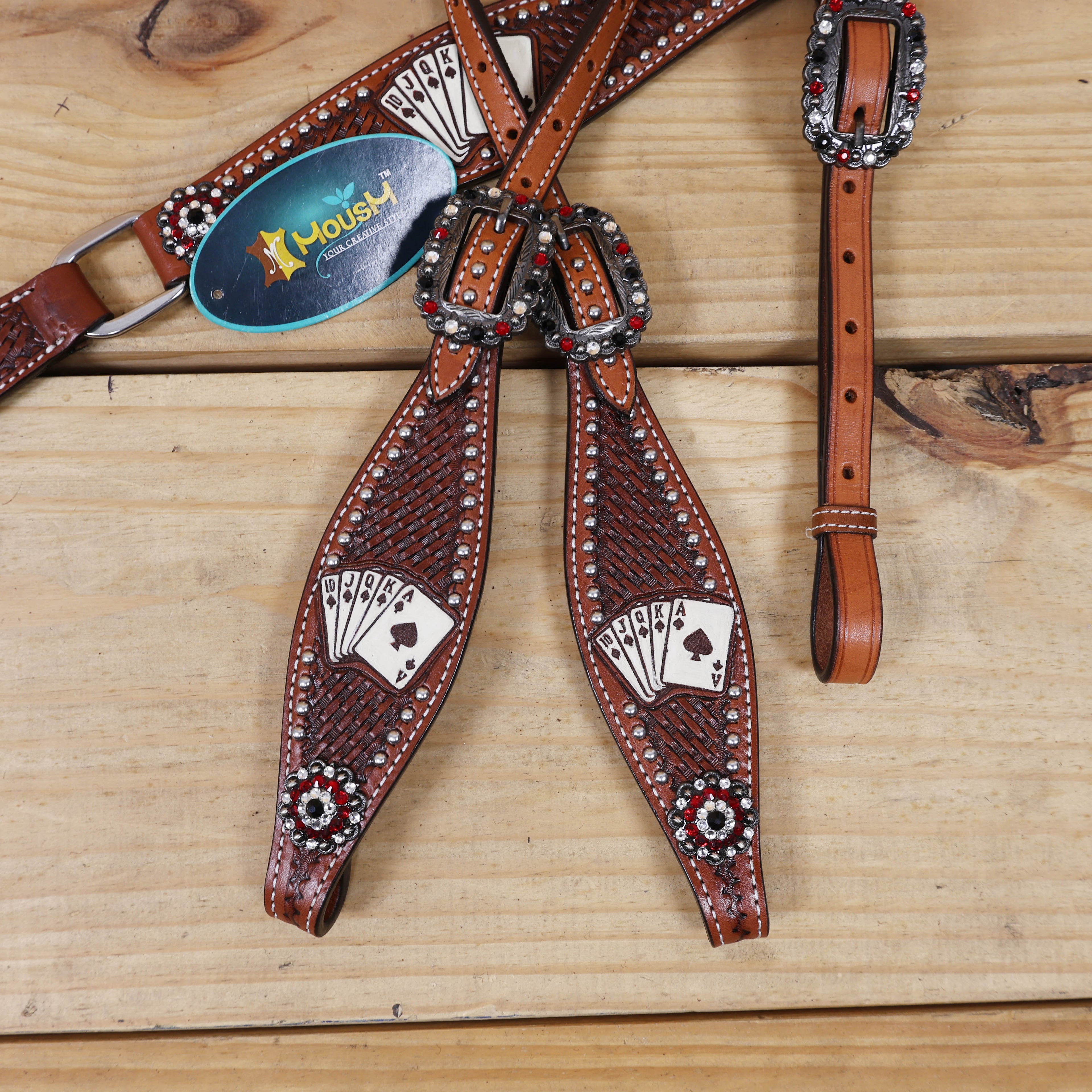MOUSM Western Horse Headstall and Breast Collar Set – Crafted from Genuine Argentina Cow Leather with Carved and Hand-Painted Playing Cards, Rope Basket Weave Tooling, Silver Studs, and Rhinestone Berry Conchos