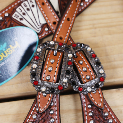 MOUSM Western Horse Headstall and Breast Collar Set – Crafted from Genuine Argentina Cow Leather with Carved and Hand-Painted Playing Cards, Rope Basket Weave Tooling, Silver Studs, and Rhinestone Berry Conchos
