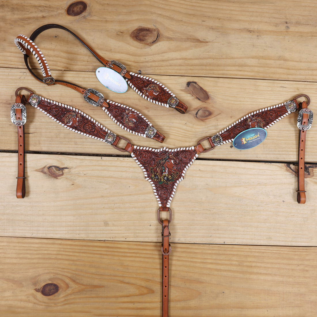 MOUSM Western Headstall and Breast Collar Set – Handcrafted from Argentina Cow Leather, Engraved Horse Head with Hand-Painted Sunflower, Rawhide Whip Stitching, and Horse Head Conchos