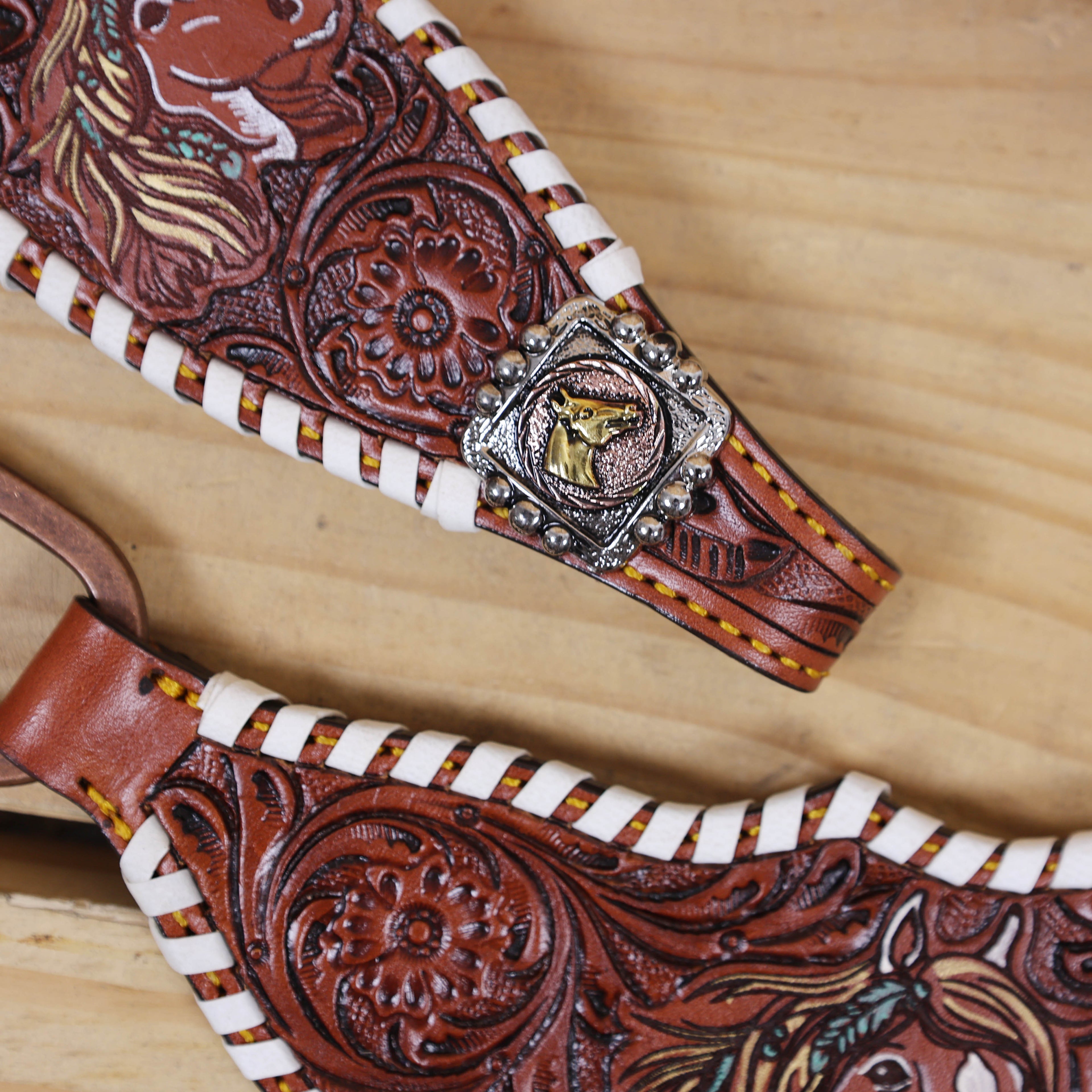 Western Headstall and Breast Collar Set Handcrafted from Argentina Cow Leather, Engraved Horse Head with Hand Painted Sunflower, Rawhide Whip Stitching, and Horse Head Conchos MOUSM
