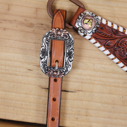 Western Headstall and Breast Collar Set Handcrafted from Argentina Cow Leather, Engraved Horse Head with Hand Painted Sunflower, Rawhide Whip Stitching, and Horse Head Conchos MOUSM