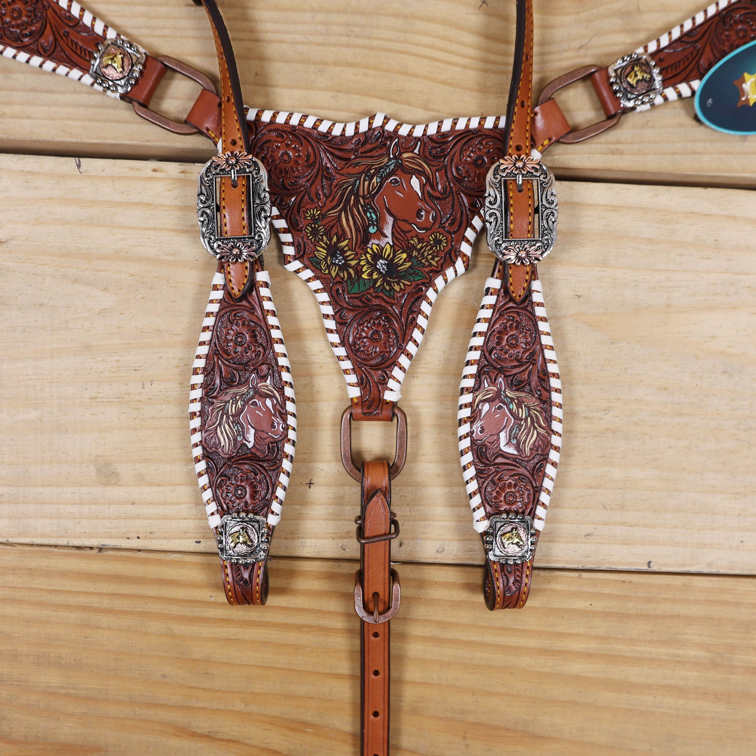 Western Headstall and Breast Collar Set Handcrafted from Argentina Cow Leather, Engraved Horse Head with Hand Painted Sunflower, Rawhide Whip Stitching, and Horse Head Conchos MOUSM