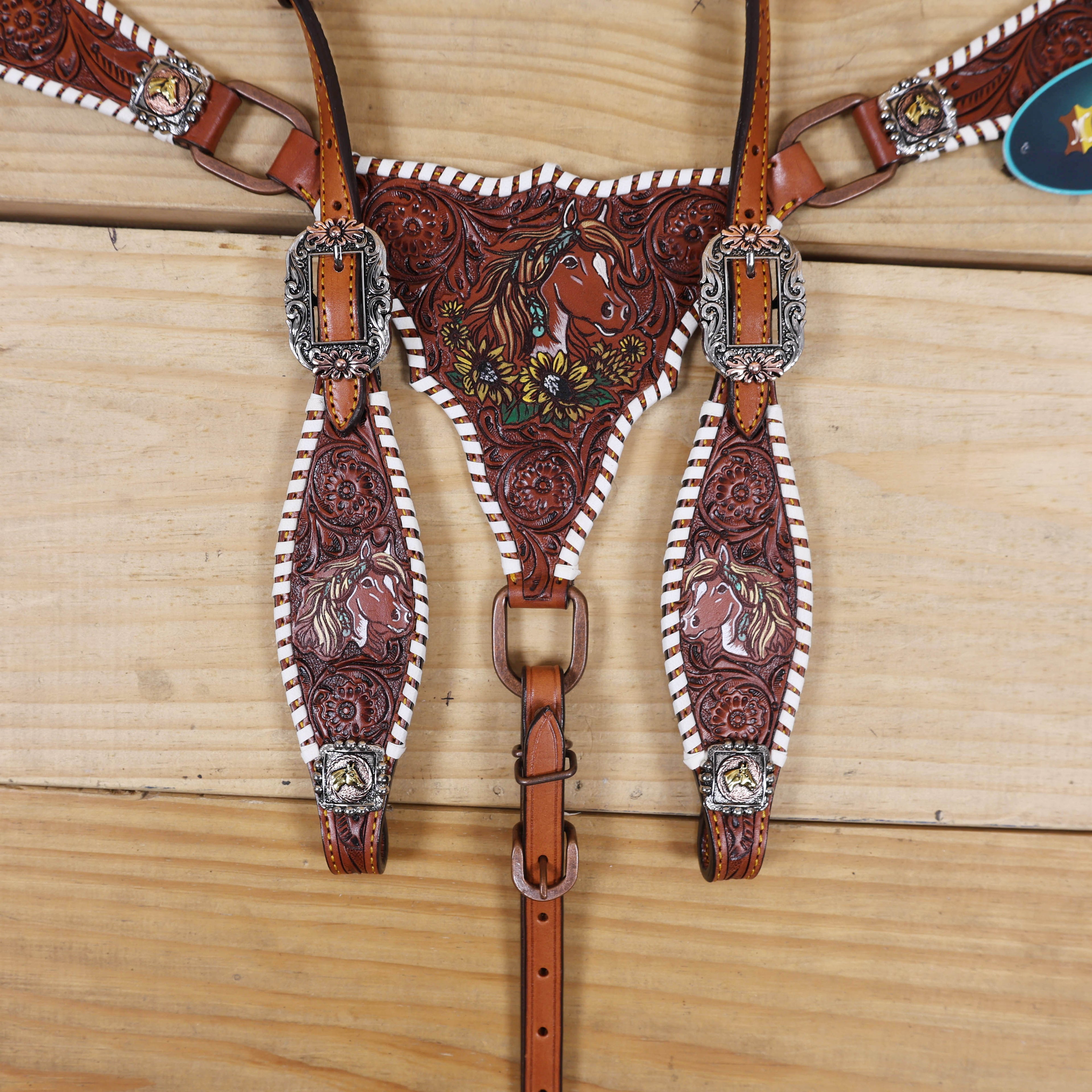 Western Headstall and Breast Collar Set Handcrafted from Argentina Cow Leather, Engraved Horse Head with Hand Painted Sunflower, Rawhide Whip Stitching, and Horse Head Conchos MOUSM