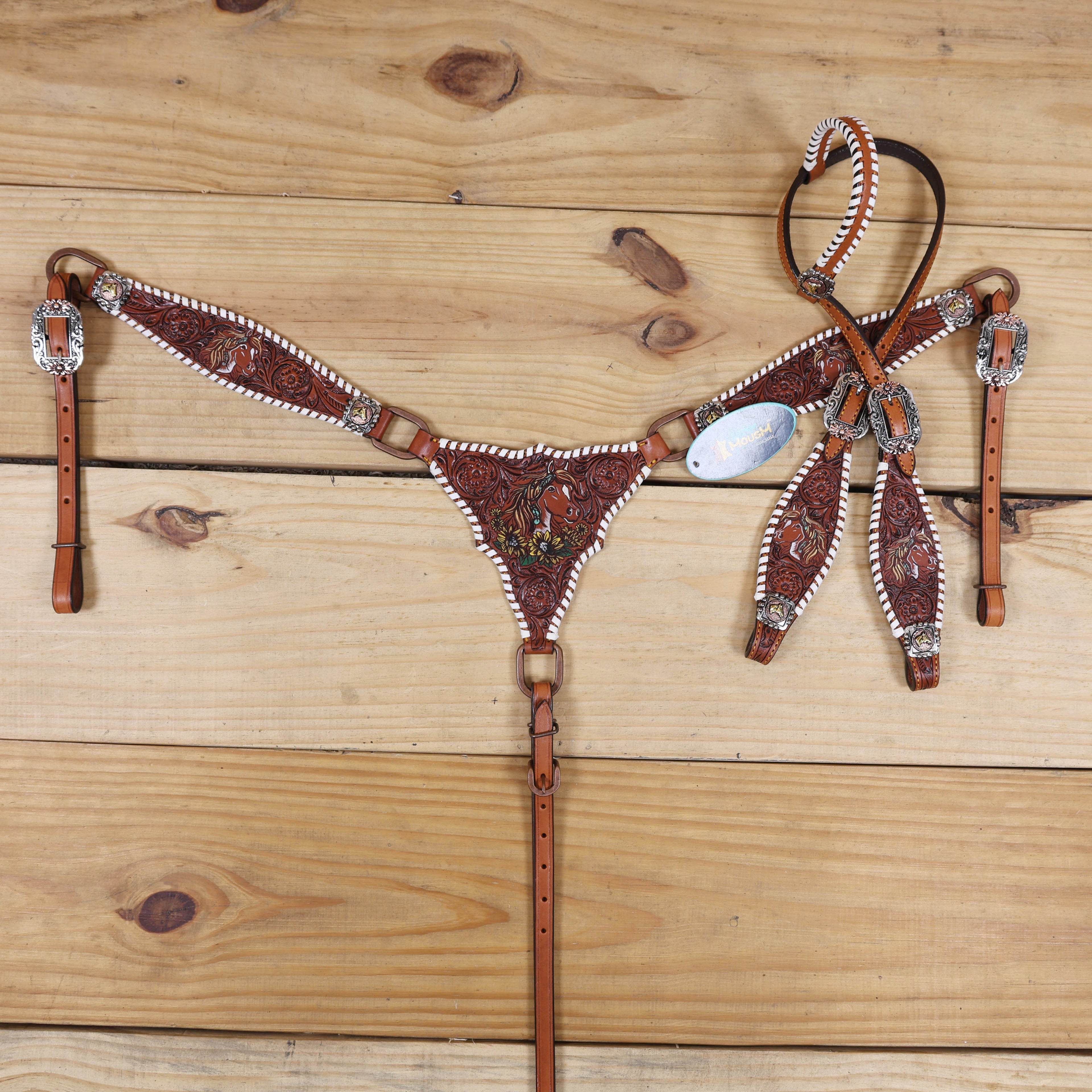 Western Headstall and Breast Collar Set Handcrafted from Argentina Cow Leather, Engraved Horse Head with Hand Painted Sunflower, Rawhide Whip Stitching, and Horse Head Conchos MOUSM