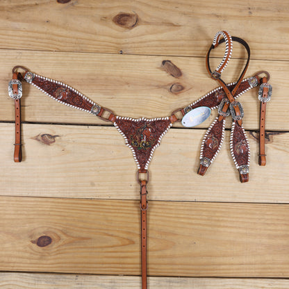 Western Headstall and Breast Collar Set Handcrafted from Argentina Cow Leather, Engraved Horse Head with Hand Painted Sunflower, Rawhide Whip Stitching, and Horse Head Conchos MOUSM