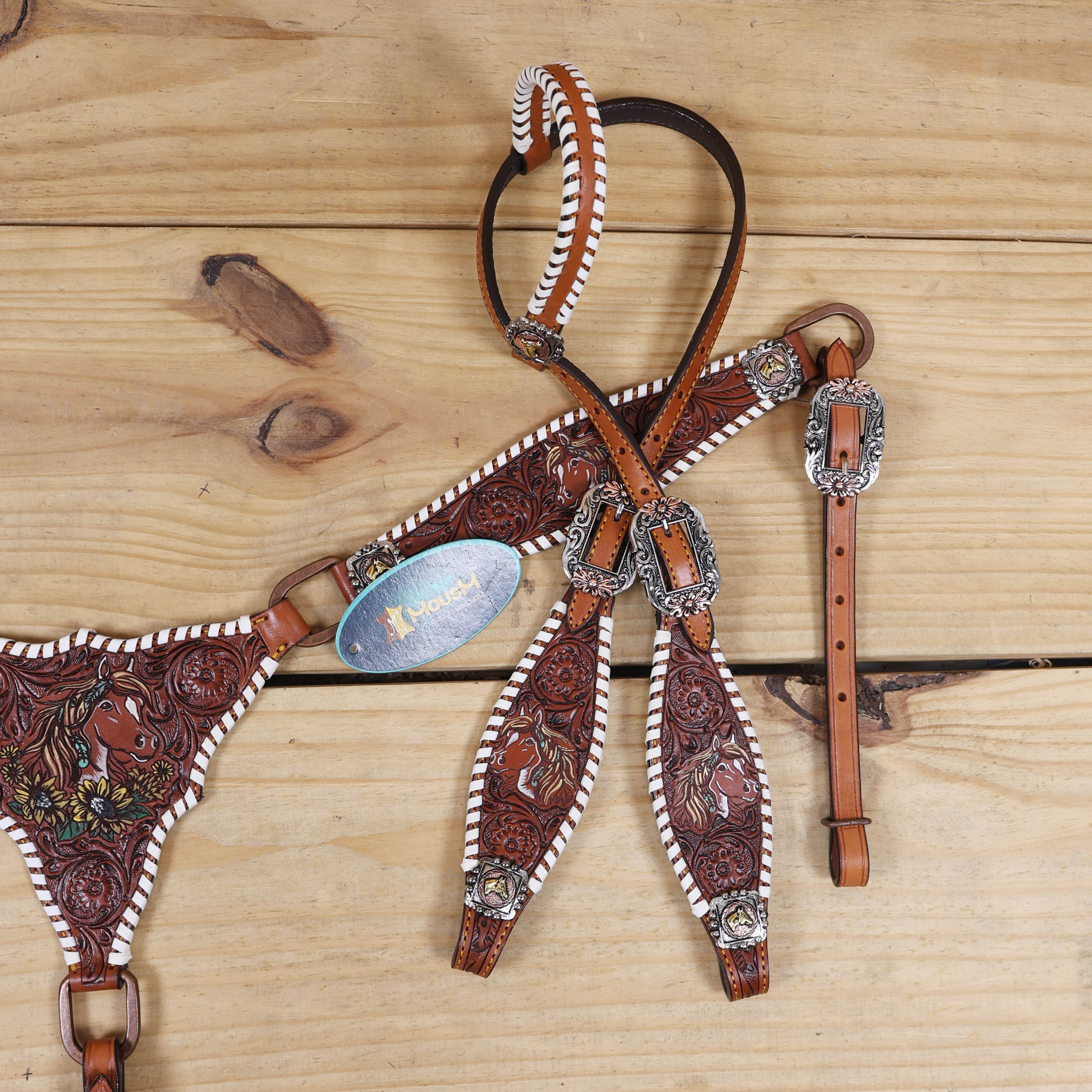 Western Headstall and Breast Collar Set Handcrafted from Argentina Cow Leather, Engraved Horse Head with Hand Painted Sunflower, Rawhide Whip Stitching, and Horse Head Conchos MOUSM