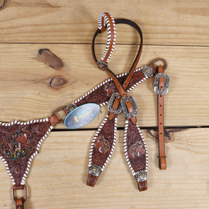 Western Headstall and Breast Collar Set Handcrafted from Argentina Cow Leather, Engraved Horse Head with Hand Painted Sunflower, Rawhide Whip Stitching, and Horse Head Conchos MOUSM