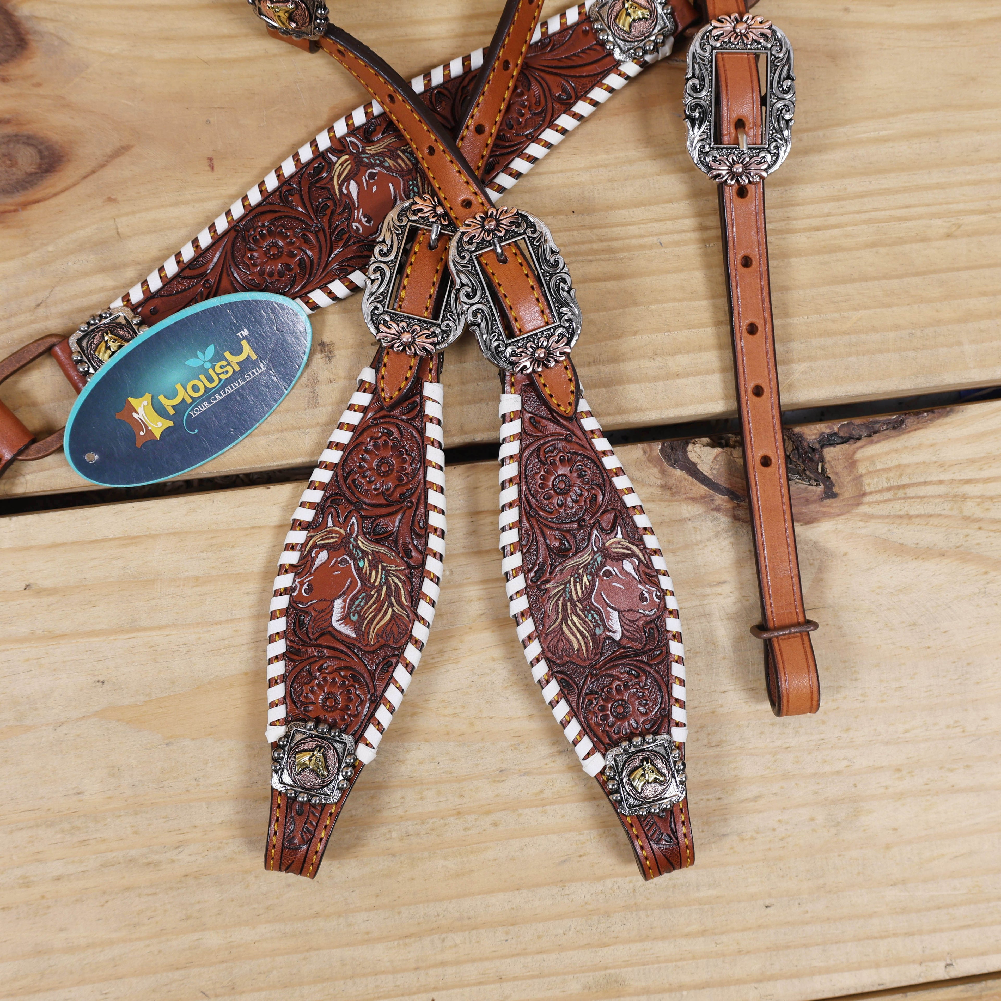 Western Headstall and Breast Collar Set Handcrafted from Argentina Cow Leather, Engraved Horse Head with Hand Painted Sunflower, Rawhide Whip Stitching, and Horse Head Conchos MOUSM