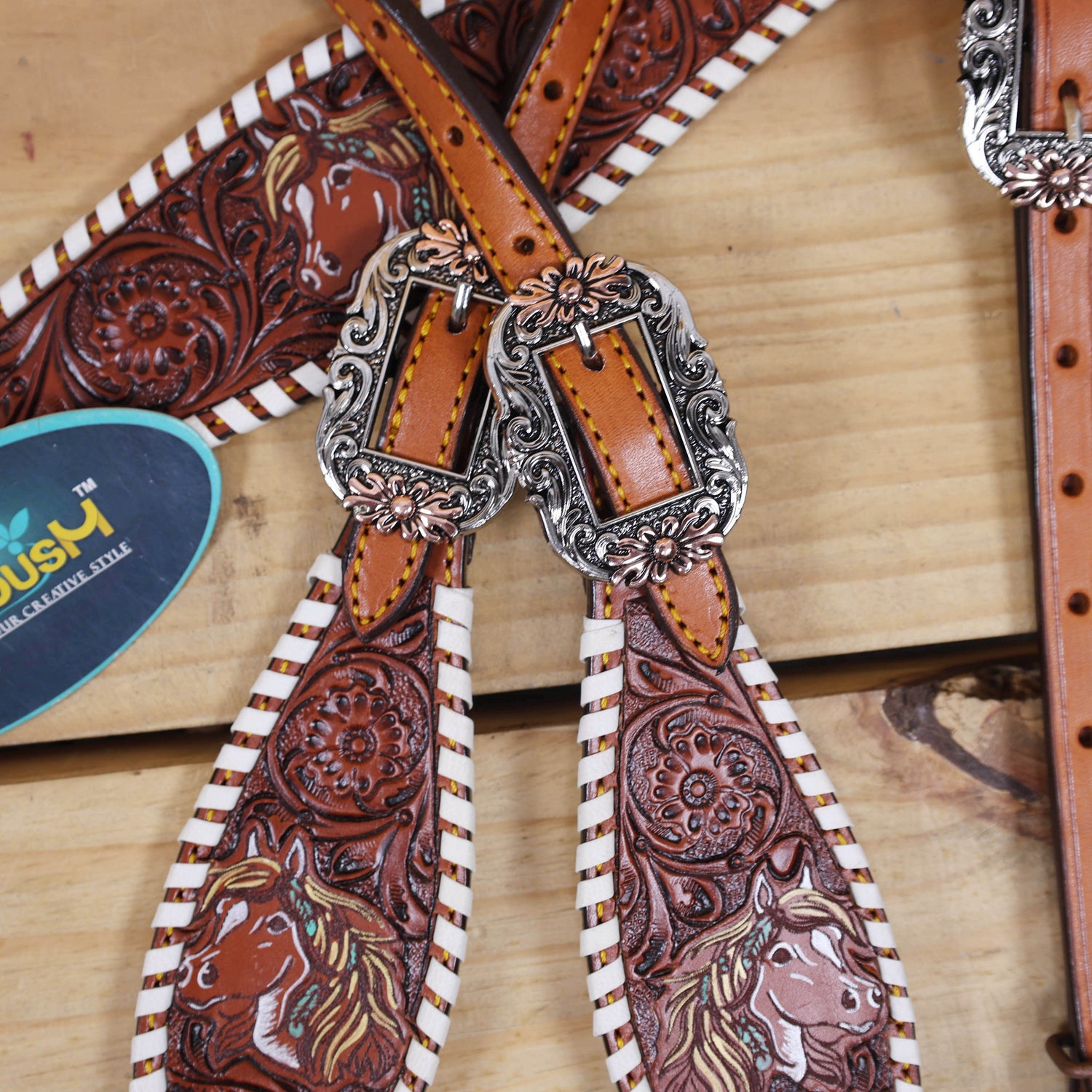 Western Headstall and Breast Collar Set Handcrafted from Argentina Cow Leather, Engraved Horse Head with Hand Painted Sunflower, Rawhide Whip Stitching, and Horse Head Conchos MOUSM