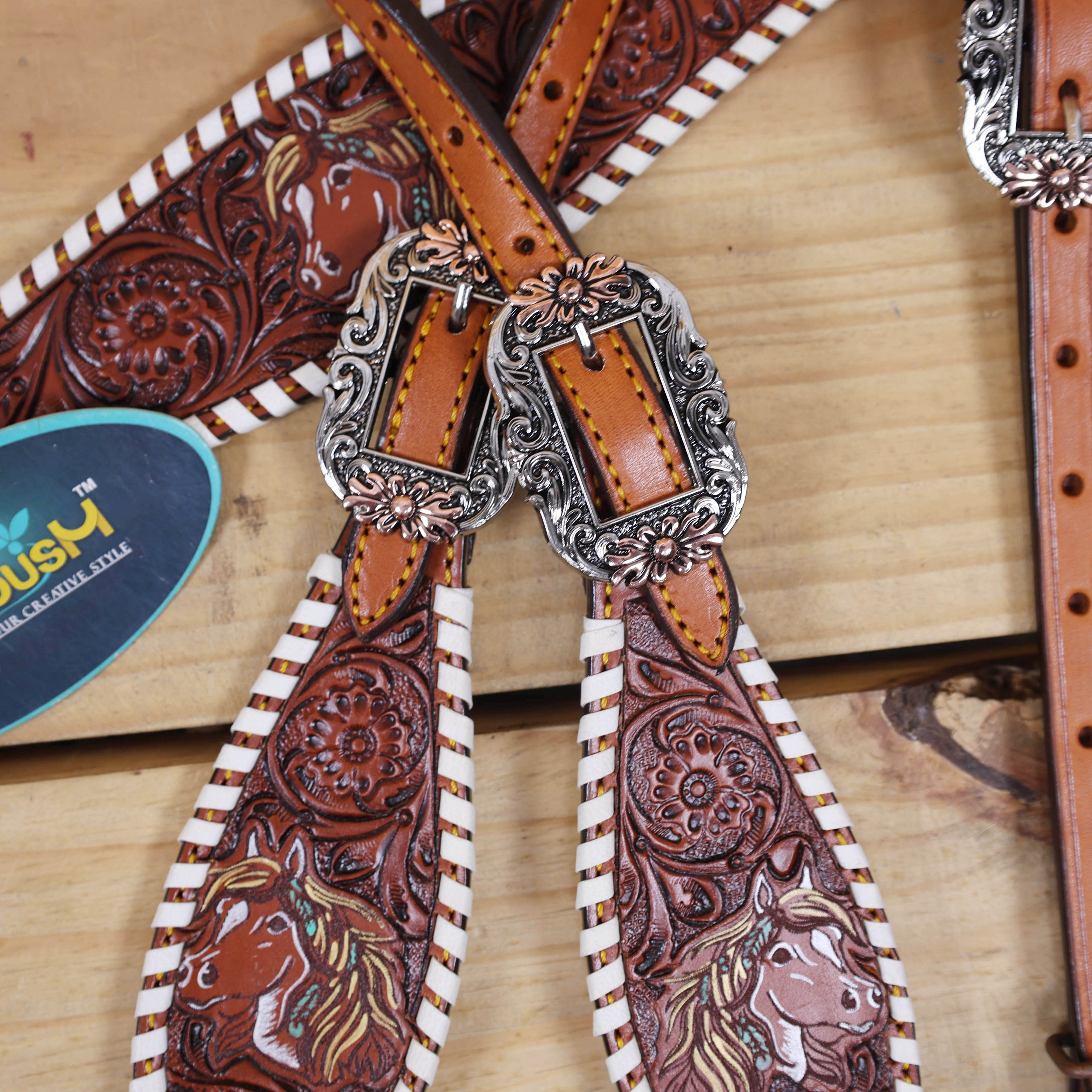 Western Headstall and Breast Collar Set Handcrafted from Argentina Cow Leather, Engraved Horse Head with Hand Painted Sunflower, Rawhide Whip Stitching, and Horse Head Conchos MOUSM