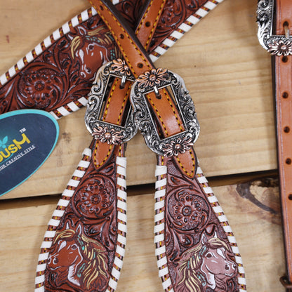 Western Headstall and Breast Collar Set Handcrafted from Argentina Cow Leather, Engraved Horse Head with Hand Painted Sunflower, Rawhide Whip Stitching, and Horse Head Conchos MOUSM