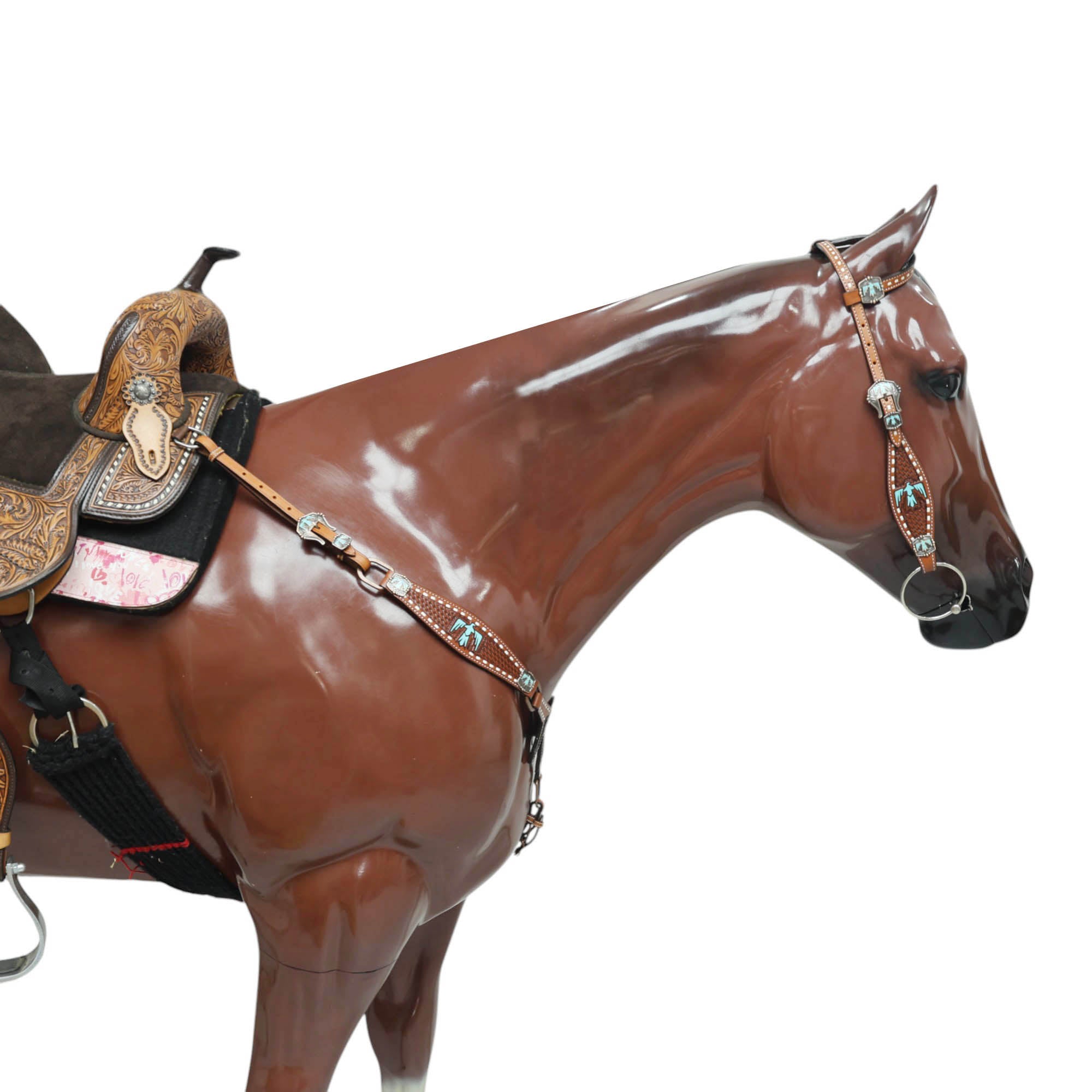 Western Leather Horse Tack Set, Featuring a Big Thunderbird Cut Out on Breast Collar with Turquoise Leather Inlay, Basket Weave Tooling, Rawhide Buck Stitching, Engraved Thunderbird Conchos and Buckles MOUSM