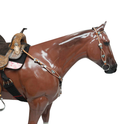 Western Leather Horse Tack Set, Featuring a Big Thunderbird Cut Out on Breast Collar with Turquoise Leather Inlay, Basket Weave Tooling, Rawhide Buck Stitching, Engraved Thunderbird Conchos and Buckles MOUSM