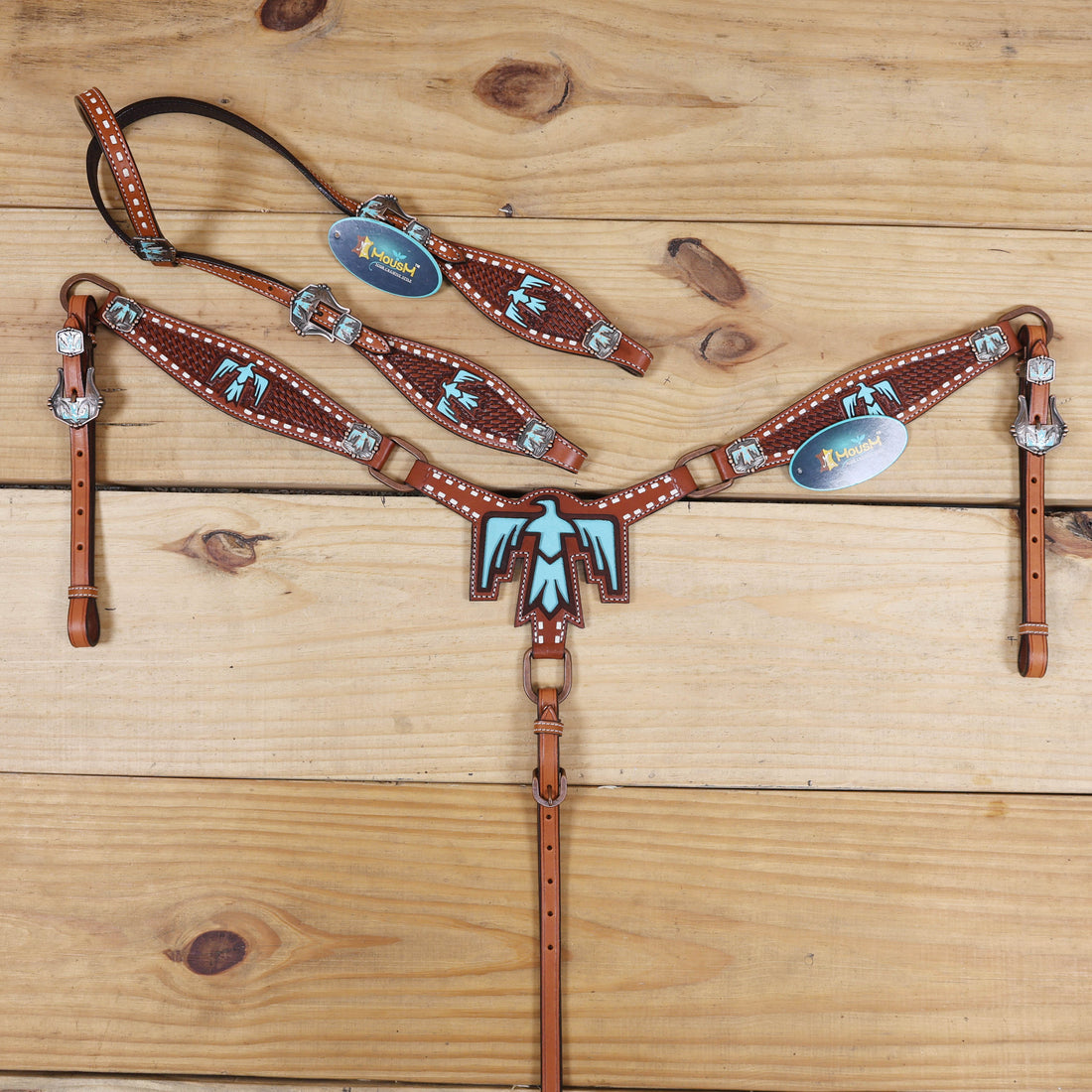 MOUSM Western Leather Horse Tack Set – Featuring a Thunderbird Cut-Out on the Center of the Breast Collar with Turquoise Leather Inlay, Basket Weave Tooling, Rawhide Buck Stitching, Engraved Thunderbird Conchos and Buckles