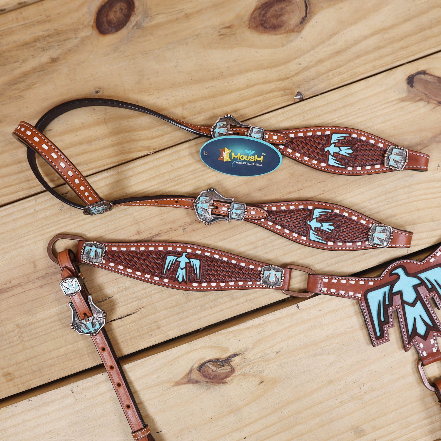 Western Leather Horse Tack Set, Featuring a Big Thunderbird Cut Out on Breast Collar with Turquoise Leather Inlay, Basket Weave Tooling, Rawhide Buck Stitching, Engraved Thunderbird Conchos and Buckles MOUSM