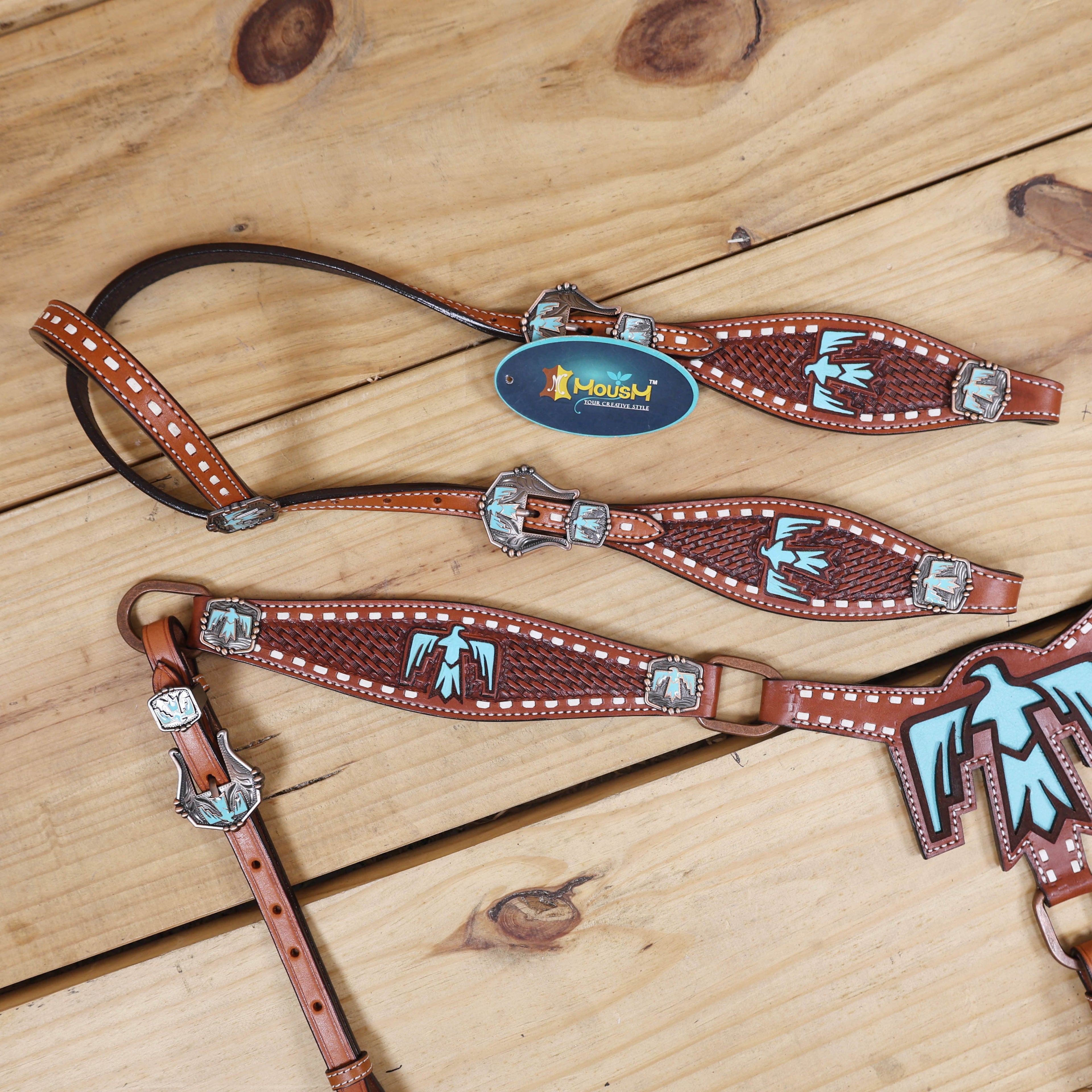 Western Leather Horse Tack Set, Featuring a Big Thunderbird Cut Out on Breast Collar with Turquoise Leather Inlay, Basket Weave Tooling, Rawhide Buck Stitching, Engraved Thunderbird Conchos and Buckles MOUSM
