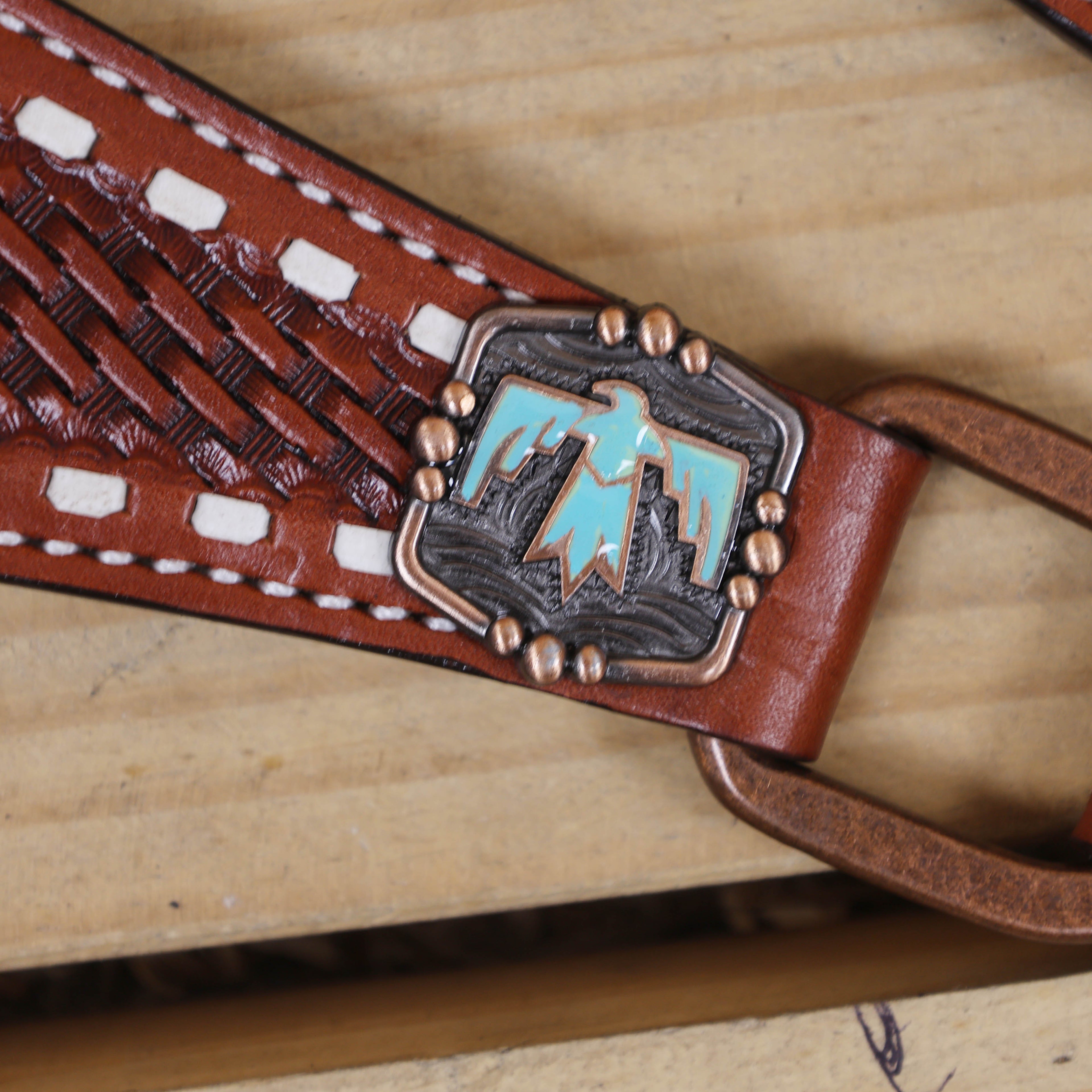 Western Leather Horse Tack Set, Featuring a Big Thunderbird Cut Out on Breast Collar with Turquoise Leather Inlay, Basket Weave Tooling, Rawhide Buck Stitching, Engraved Thunderbird Conchos and Buckles MOUSM