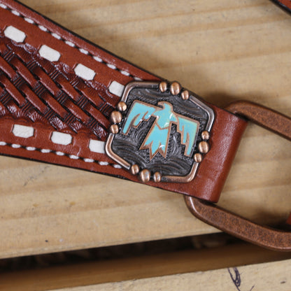 Western Leather Horse Tack Set, Featuring a Big Thunderbird Cut Out on Breast Collar with Turquoise Leather Inlay, Basket Weave Tooling, Rawhide Buck Stitching, Engraved Thunderbird Conchos and Buckles MOUSM