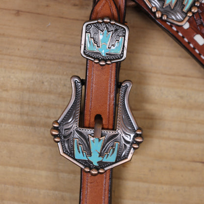 Western Leather Horse Tack Set, Featuring a Big Thunderbird Cut Out on Breast Collar with Turquoise Leather Inlay, Basket Weave Tooling, Rawhide Buck Stitching, Engraved Thunderbird Conchos and Buckles MOUSM