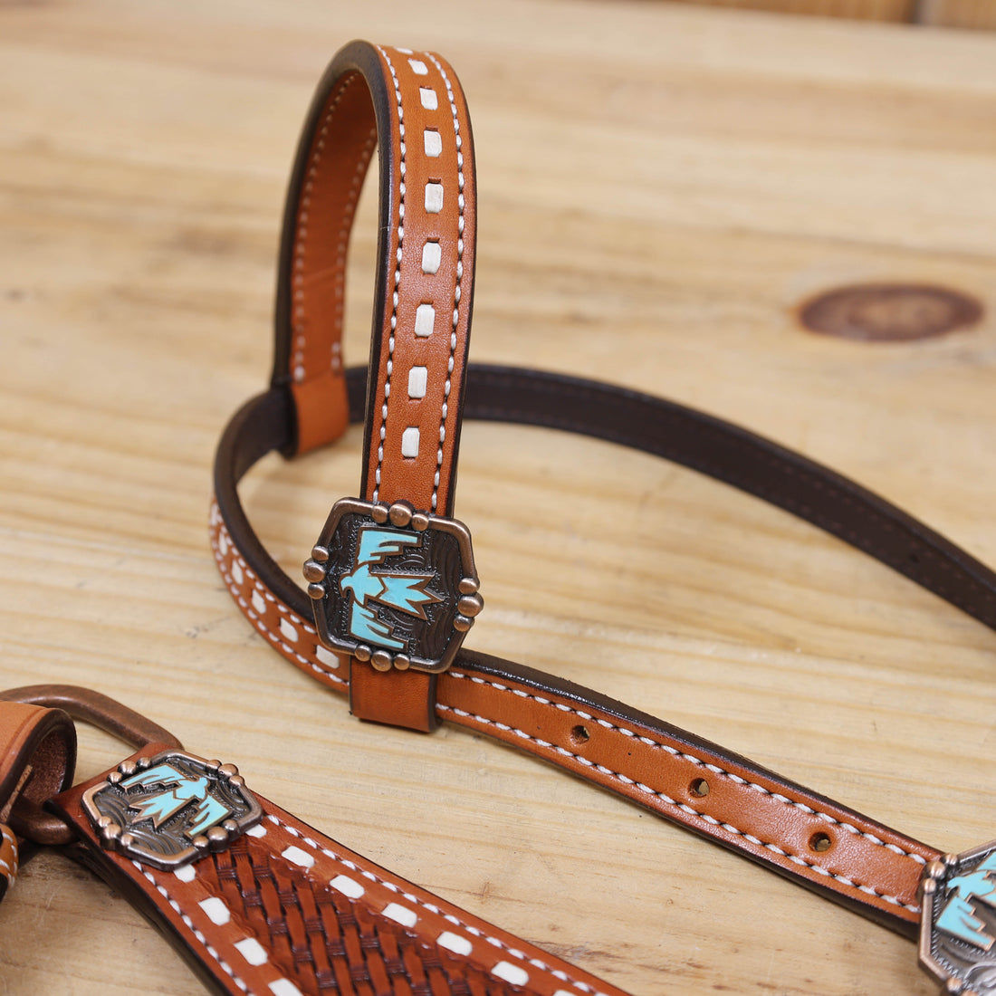 MOUSM Western Leather Horse Tack Set – Featuring a Thunderbird Cut-Out on the Center of the Breast Collar with Turquoise Leather Inlay, Basket Weave Tooling, Rawhide Buck Stitching, Engraved Thunderbird Conchos and Buckles