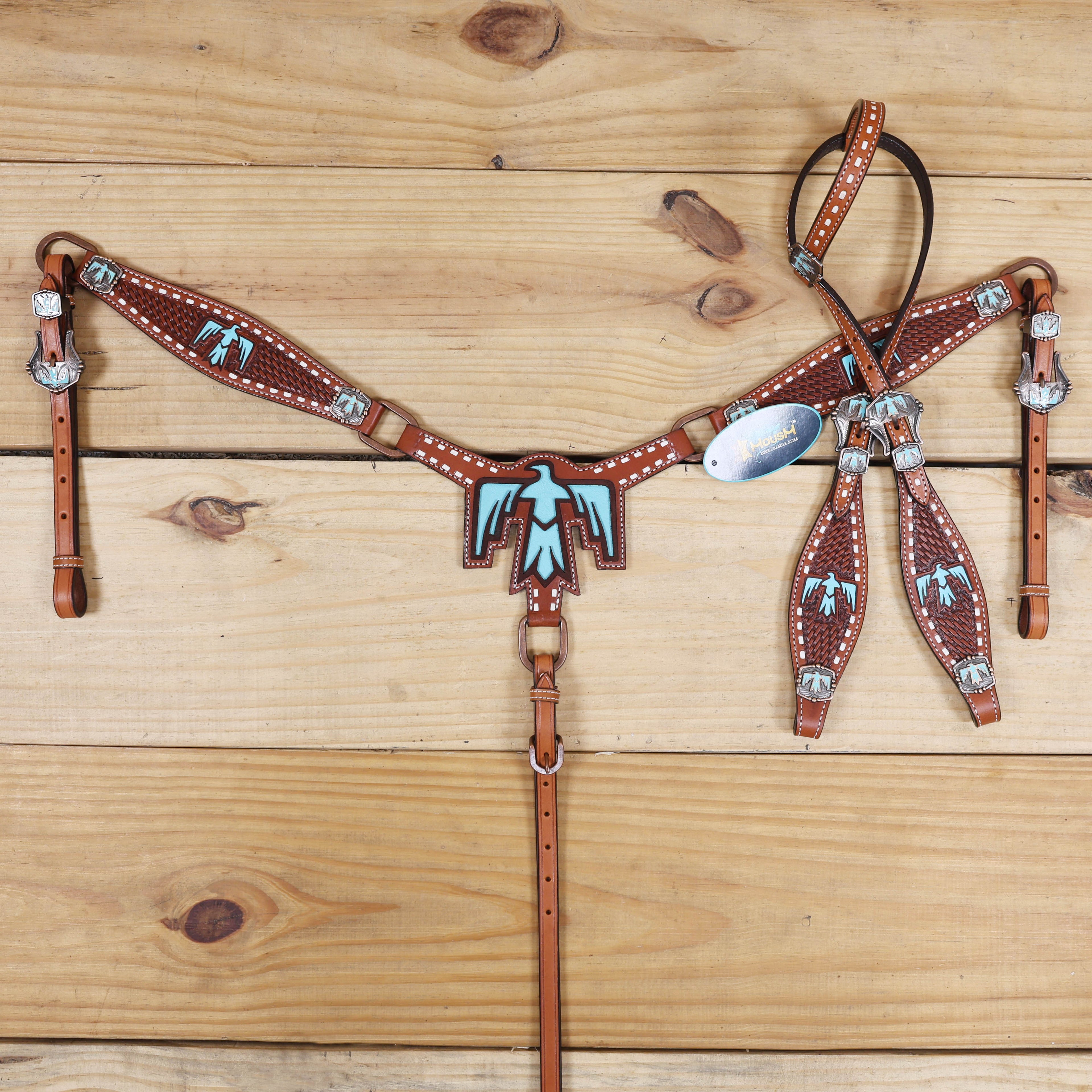 Western Leather Horse Tack Set, Featuring a Big Thunderbird Cut Out on Breast Collar with Turquoise Leather Inlay, Basket Weave Tooling, Rawhide Buck Stitching, Engraved Thunderbird Conchos and Buckles MOUSM