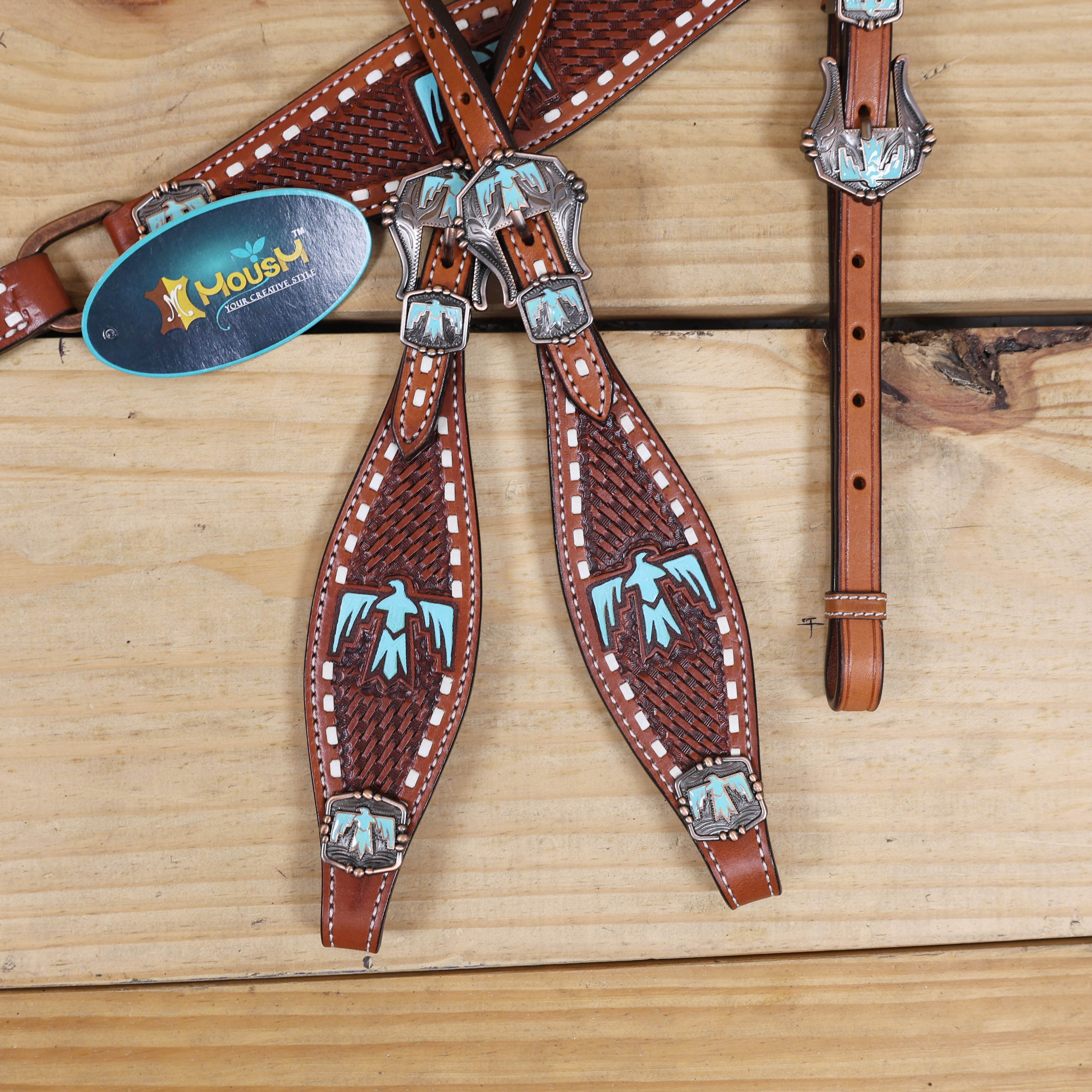 Western Leather Horse Tack Set, Featuring a Big Thunderbird Cut Out on Breast Collar with Turquoise Leather Inlay, Basket Weave Tooling, Rawhide Buck Stitching, Engraved Thunderbird Conchos and Buckles MOUSM