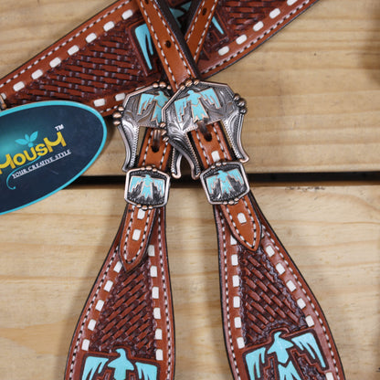 Western Leather Horse Tack Set, Featuring a Big Thunderbird Cut Out on Breast Collar with Turquoise Leather Inlay, Basket Weave Tooling, Rawhide Buck Stitching, Engraved Thunderbird Conchos and Buckles MOUSM
