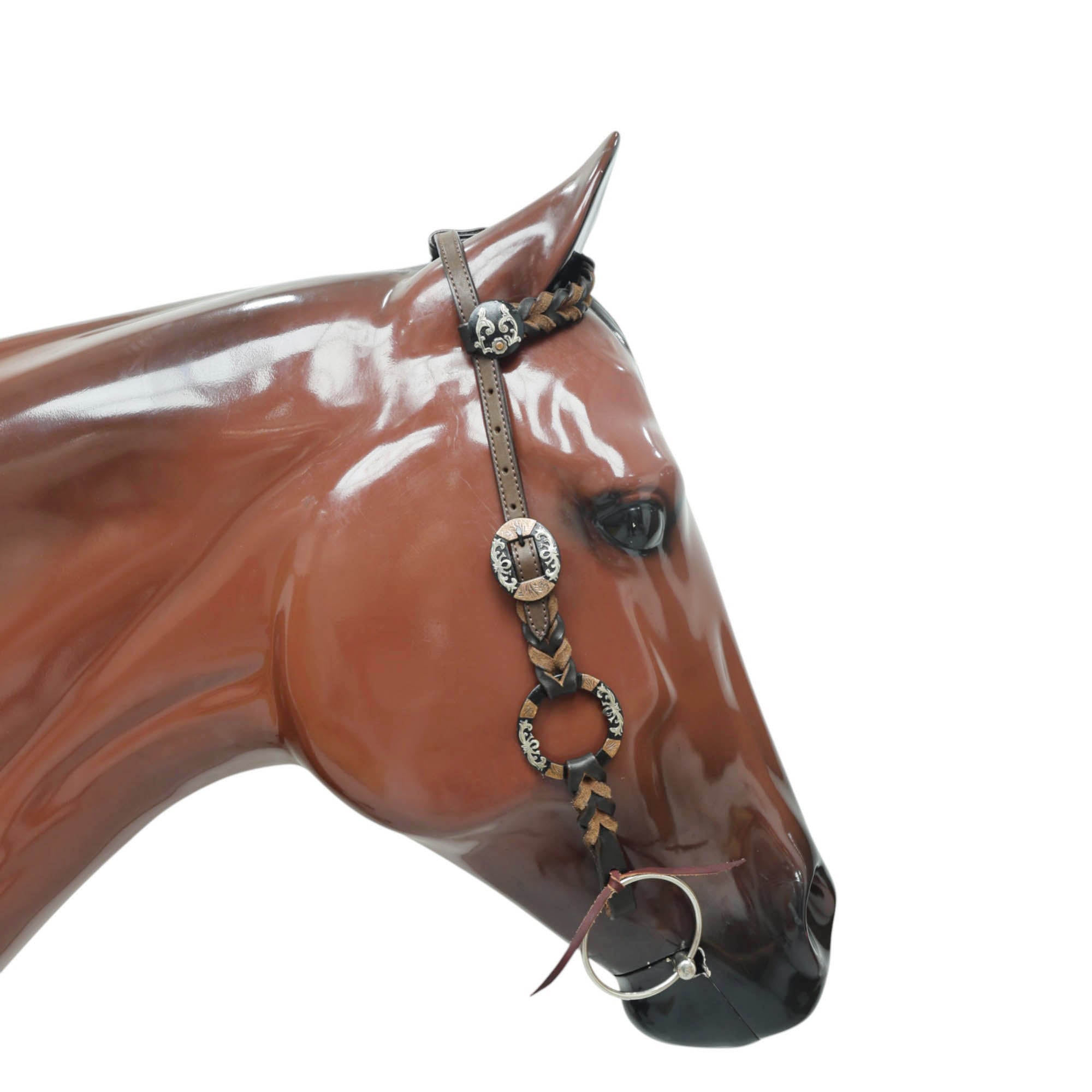 MOUSM Western Horse Headstall Set – Leather-Braided One-Ear and Cheekpieces, Featuring Engraved Rings Connected by Leather Strap with Engraved Concho on the Breast Collar