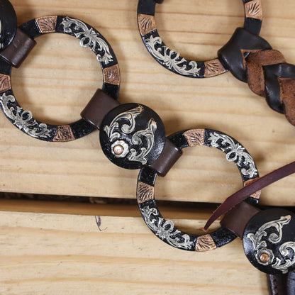 MOUSM Western Horse Headstall Set – Leather-Braided One-Ear and Cheekpieces, Featuring Engraved Rings Connected by Leather Strap with Engraved Concho on the Breast Collar