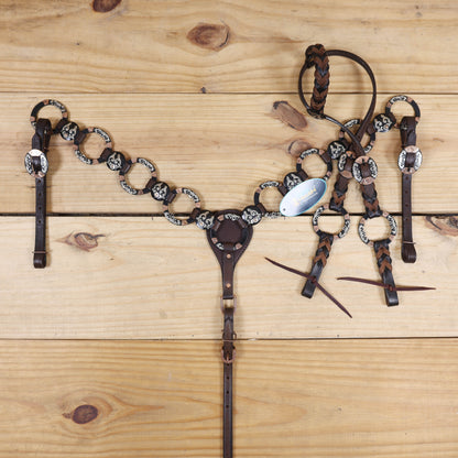 MOUSM Western Horse Headstall Set – Leather-Braided One-Ear and Cheekpieces, Featuring Engraved Rings Connected by Leather Strap with Engraved Concho on the Breast Collar