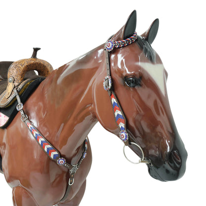 Western Headstall and Breast Collar Set, American Flag Tricolor Arrow Style Rawhide Braiding All Over Breast Collar and Cheekpieces, Rhinestone Concho MOUSM