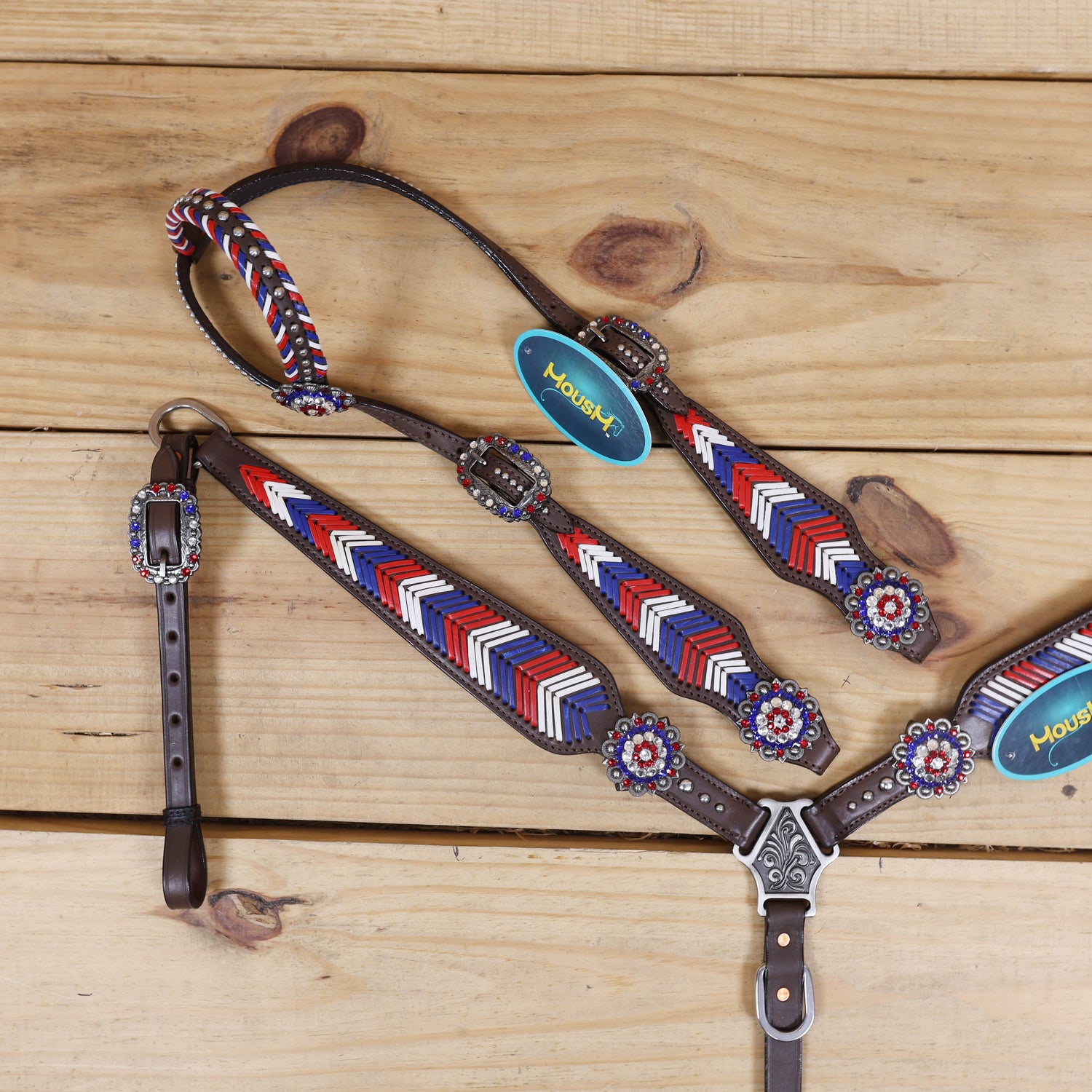 Western Headstall and Breast Collar Set, American Flag Tricolor Arrow Style Rawhide Braiding All Over Breast Collar and Cheekpieces, Rhinestone Concho MOUSM